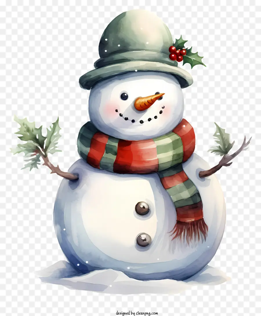 Pupazzo di neve - Snowman che indossa cappello verde, sciarpa rossa, cappotto di agrifoglio