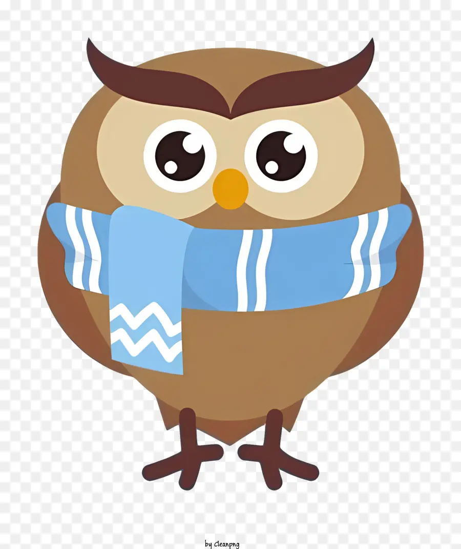 Owl Blue and White Striped Creaf Branch Eyes Closed Wings sparse fuori - Owl da cartone animato che indossa una sciarpa a strisce con gli occhi chiusi