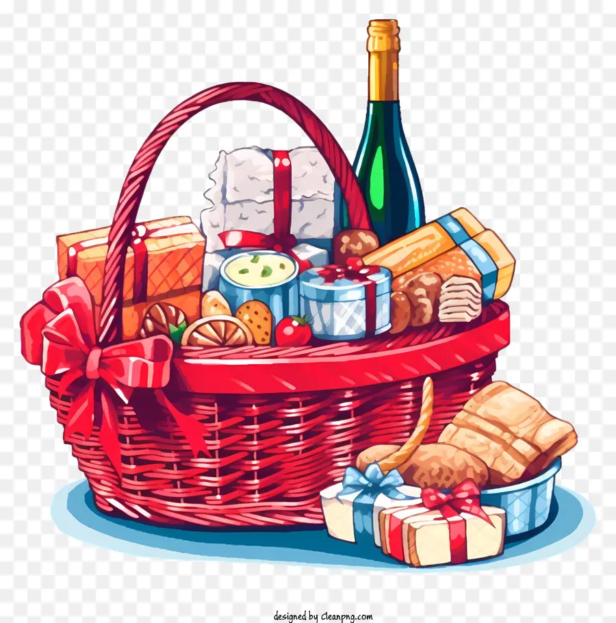 red wicker basket food items chocolates candies fruit