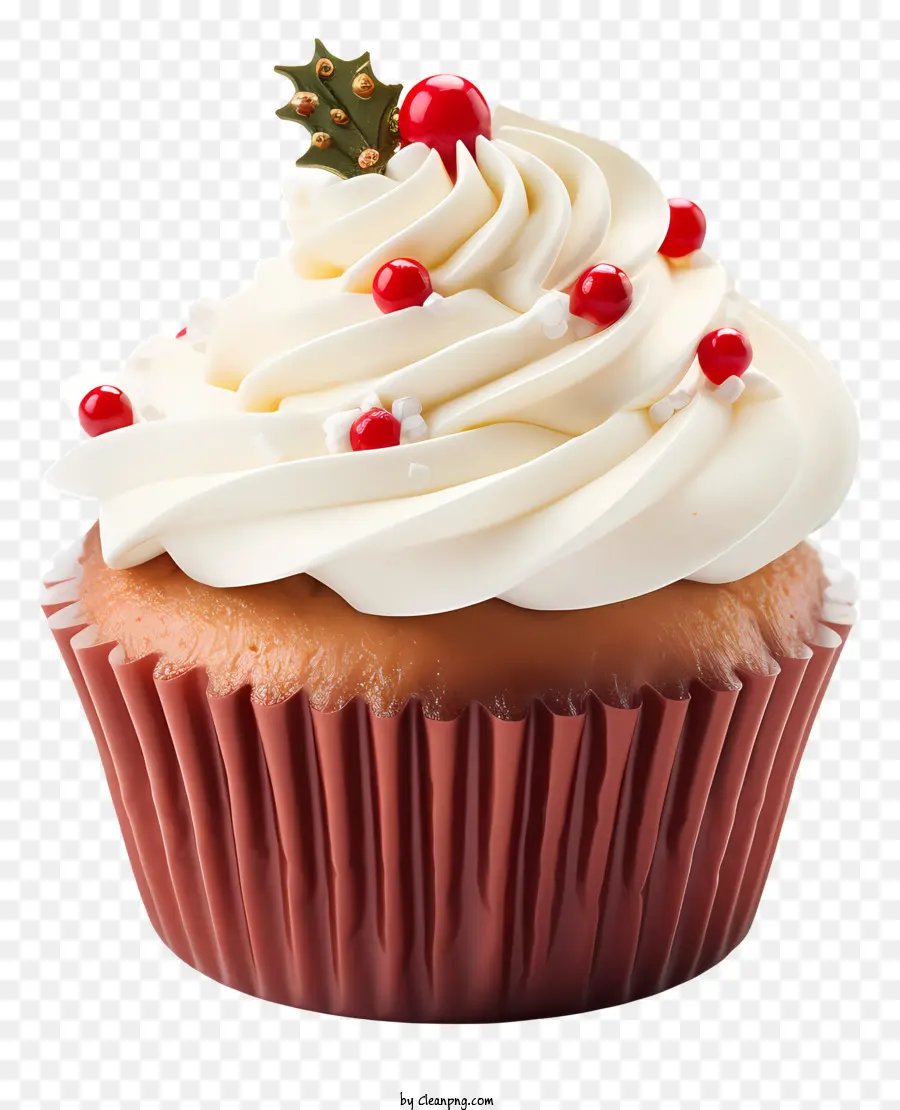 cupcake frosting red cherries holly sprig black background