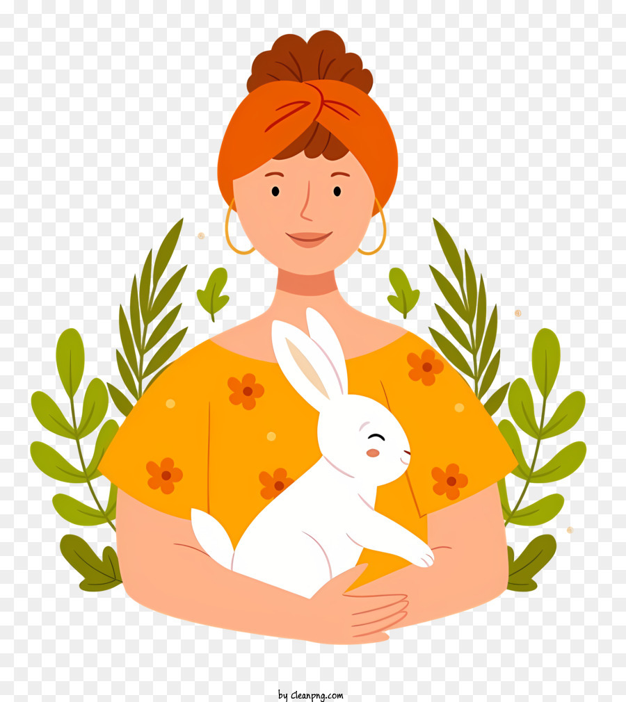 Frau und Kaninchen weiße Kaninchengrüne Blätter orange Laub Tattoo - Frau hält weißes Kaninchen in friedlicher Szene
