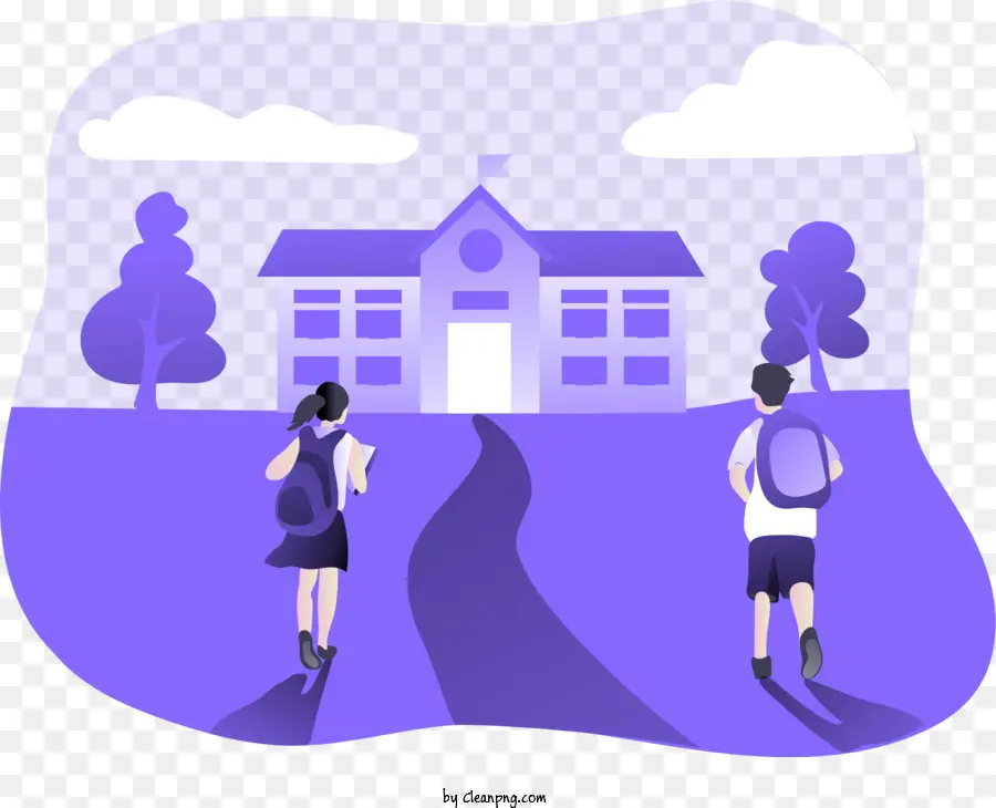 edificio scolastico - Due studenti che camminano verso la scuola in illustrazione