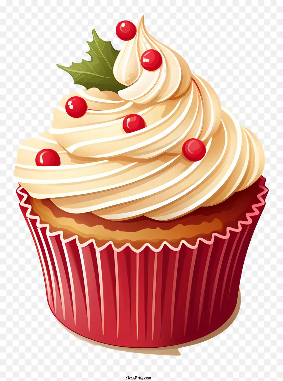 Cupcake glassa di ciliegie rosse foglia rametto di agrifoglio - Cupcake festivo con ciliegie e decorazioni di agrifoglio