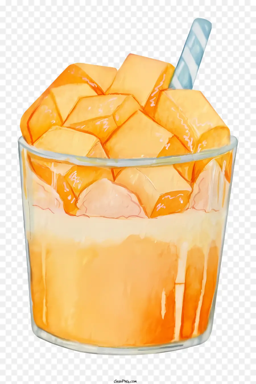 watercolor illustration glass of orange juice straw orange slices half full