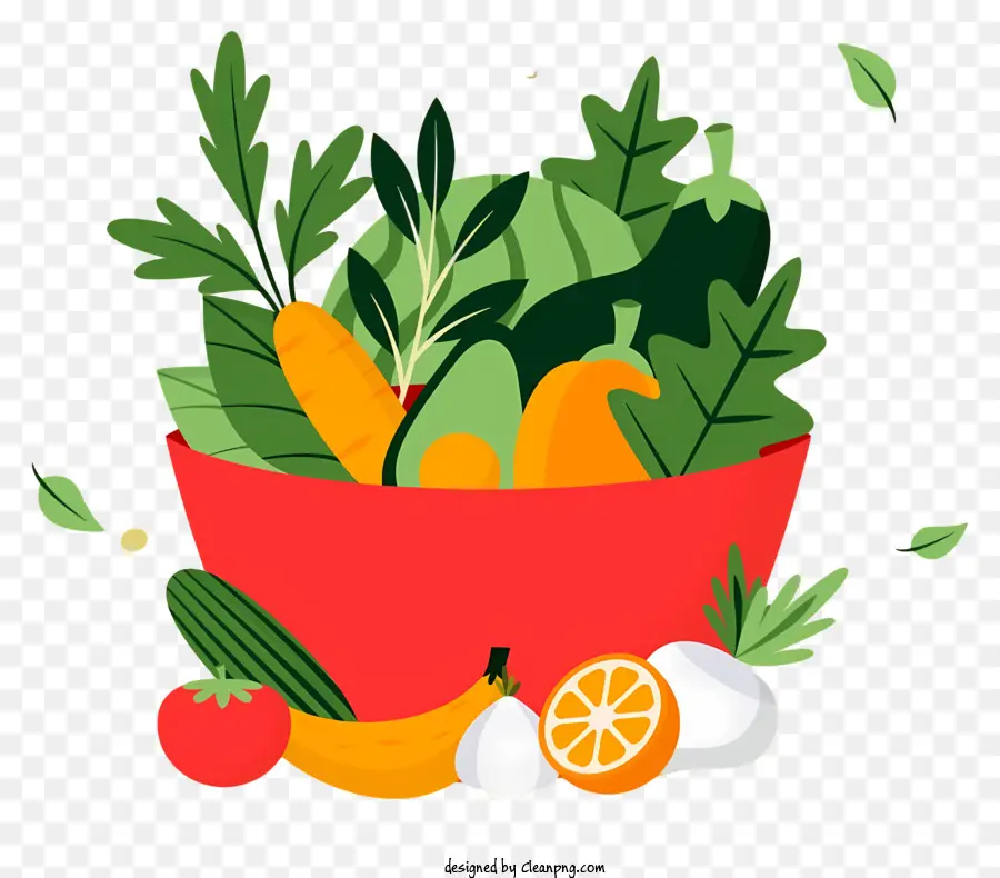 Salat - Rote Schüssel mit Gemüse und grünen Blättern