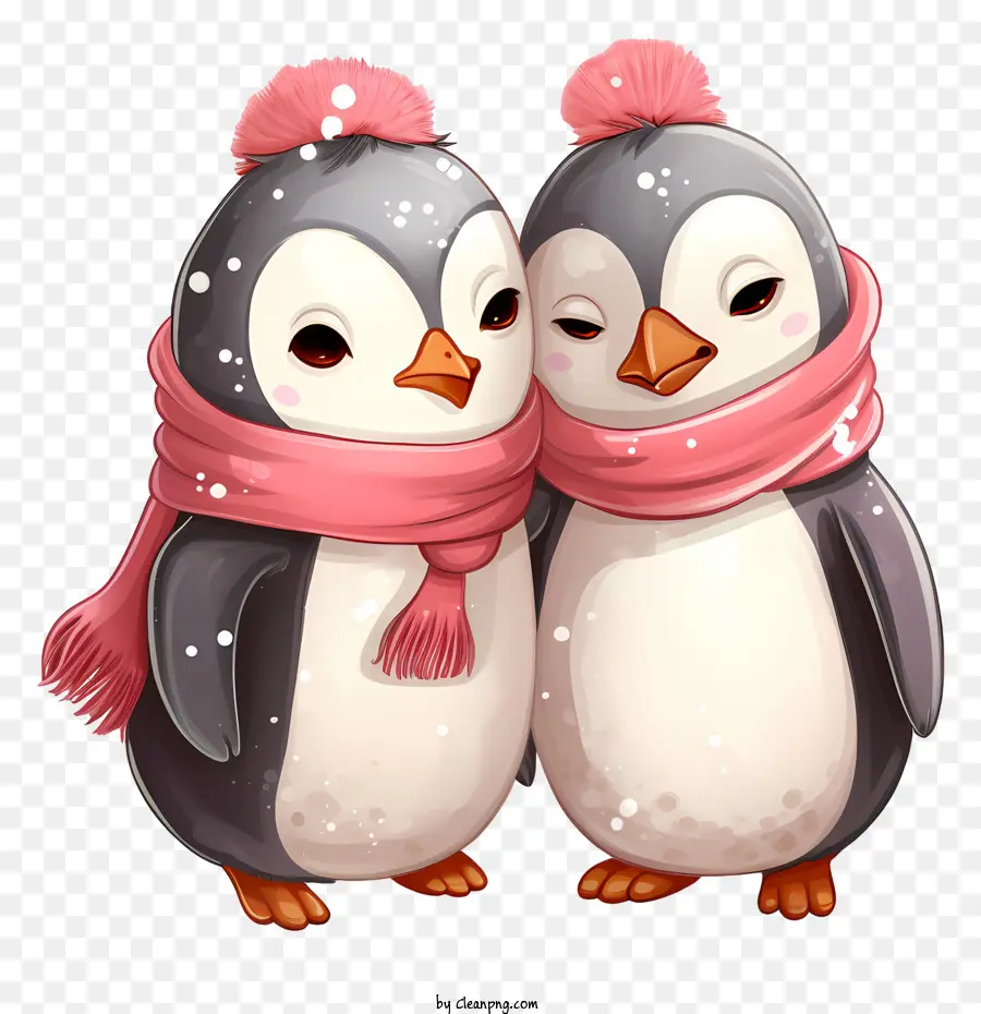 weißen hintergrund - Zwei Pinguine in niedlichen Outfits umarmen sich glücklich