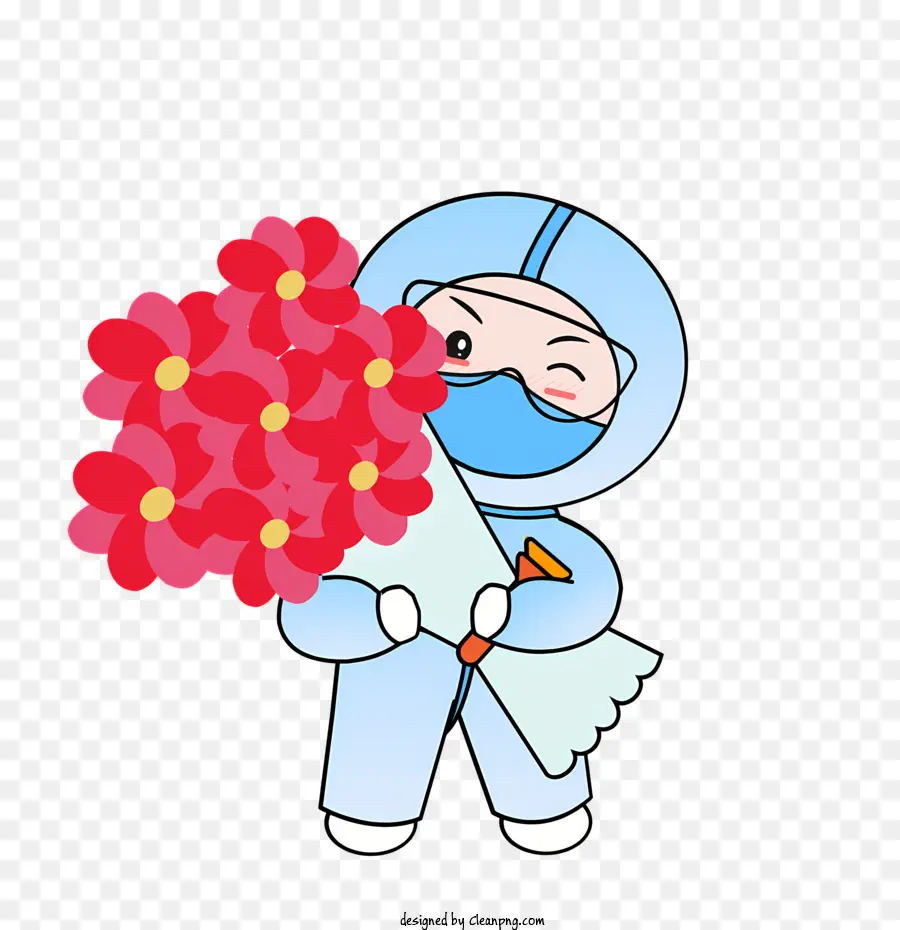 Blumenstrauß - Person in Schutzausrüstung hält Bouquet, erscheint fröhlich
