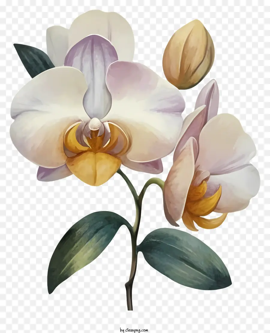 Aquarellmalerei Eins weiße Orchideenblume grüne Blätter großer Blütegelbgelb - Aquarellmalerei aus weißer Orchidee mit grünen Blättern