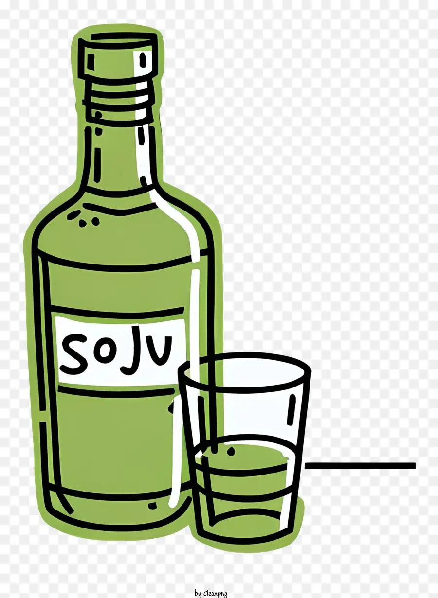 Tequila Jui Green Flaschenglas halb voll - Grüne Tequila -Flasche mit Glas, beschriftet 'Jui', halb voll