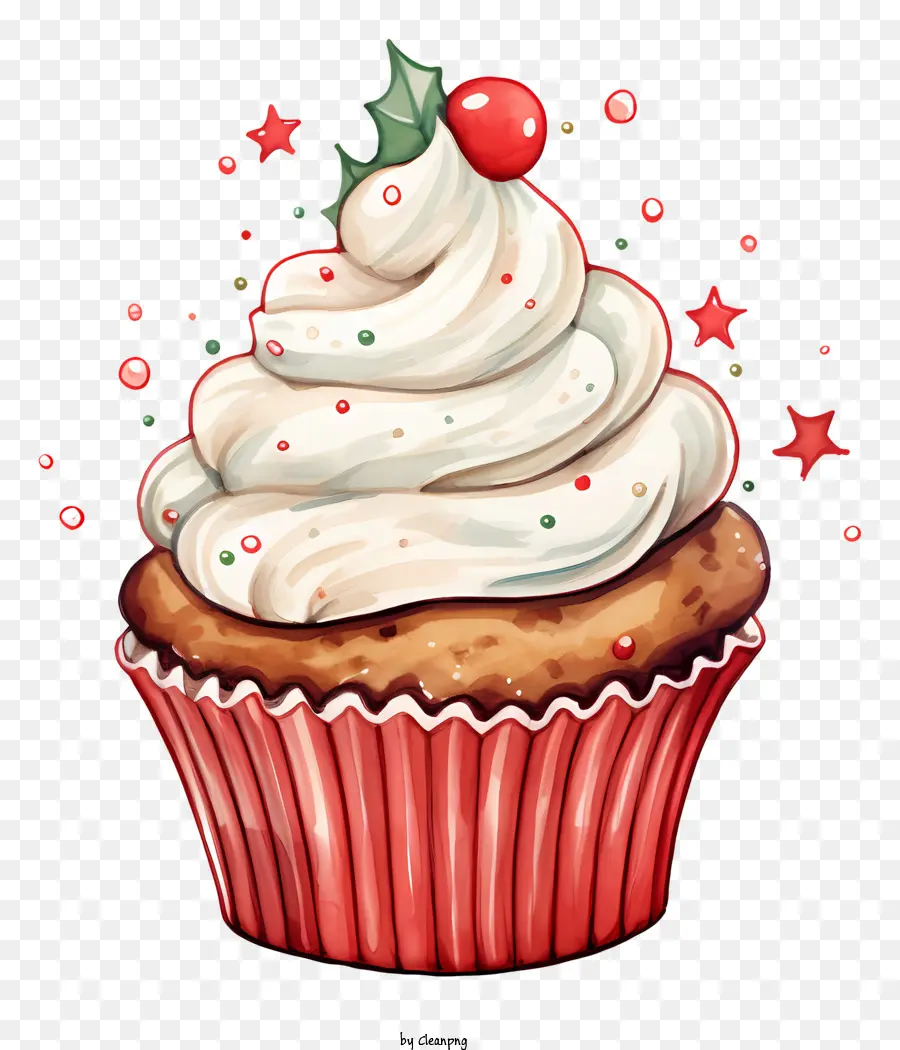 Cupcake weißer Zuckerguss rot und weiße Streusel Kirschgrüne Blätter - Cupcake mit weißem Zuckerguss, Kirsche, grünen Blättern