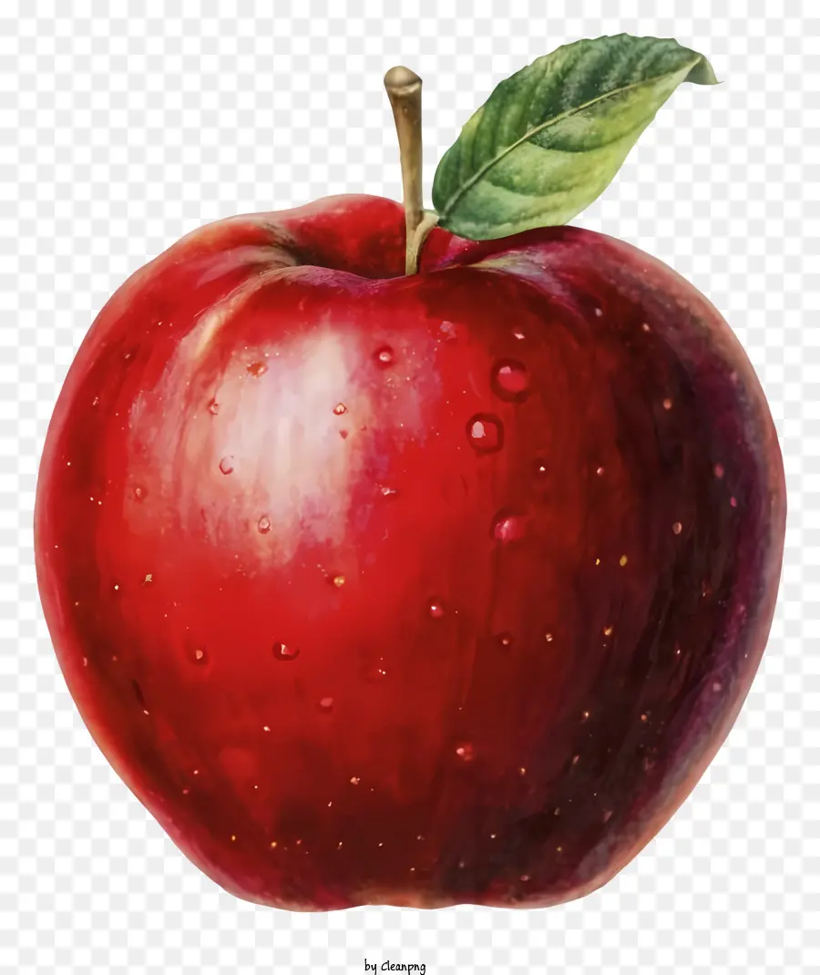 grünes Blatt - Realistische Gemälde von rotem Apfel mit Wassertröpfchen
