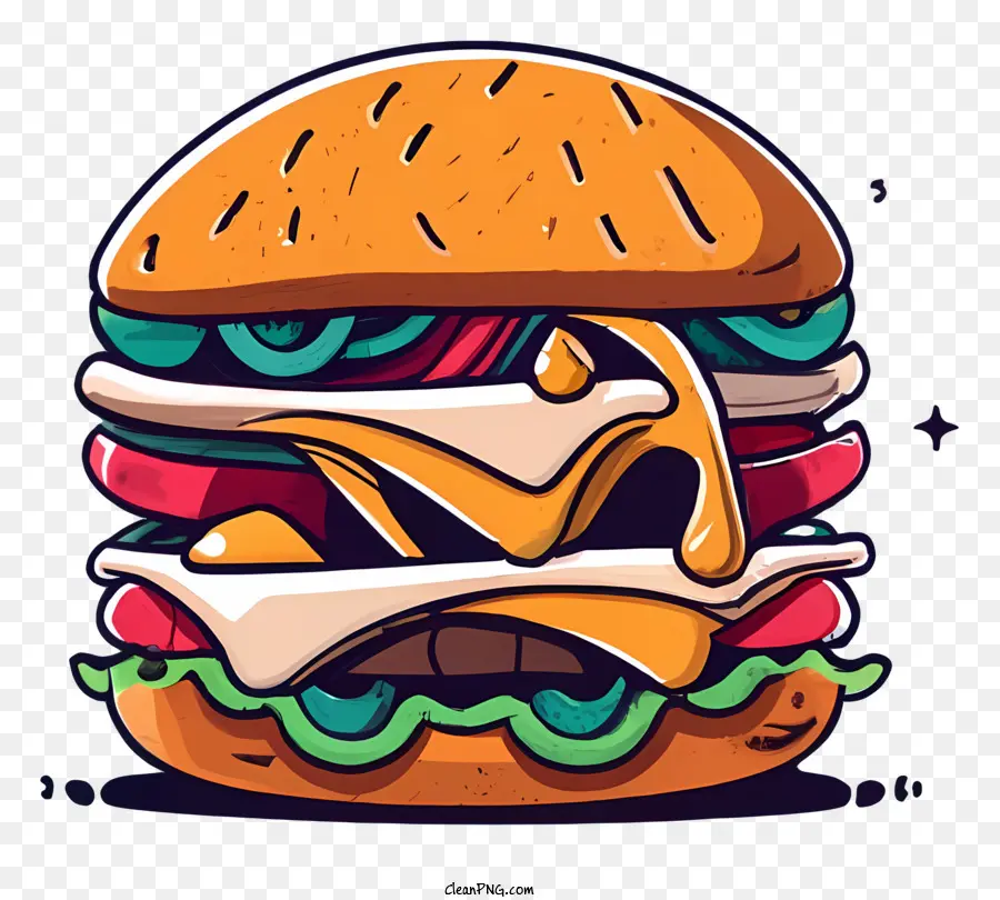 Hamburger - Hamburger di cartone animato realistico sul panino sesamo con condimenti