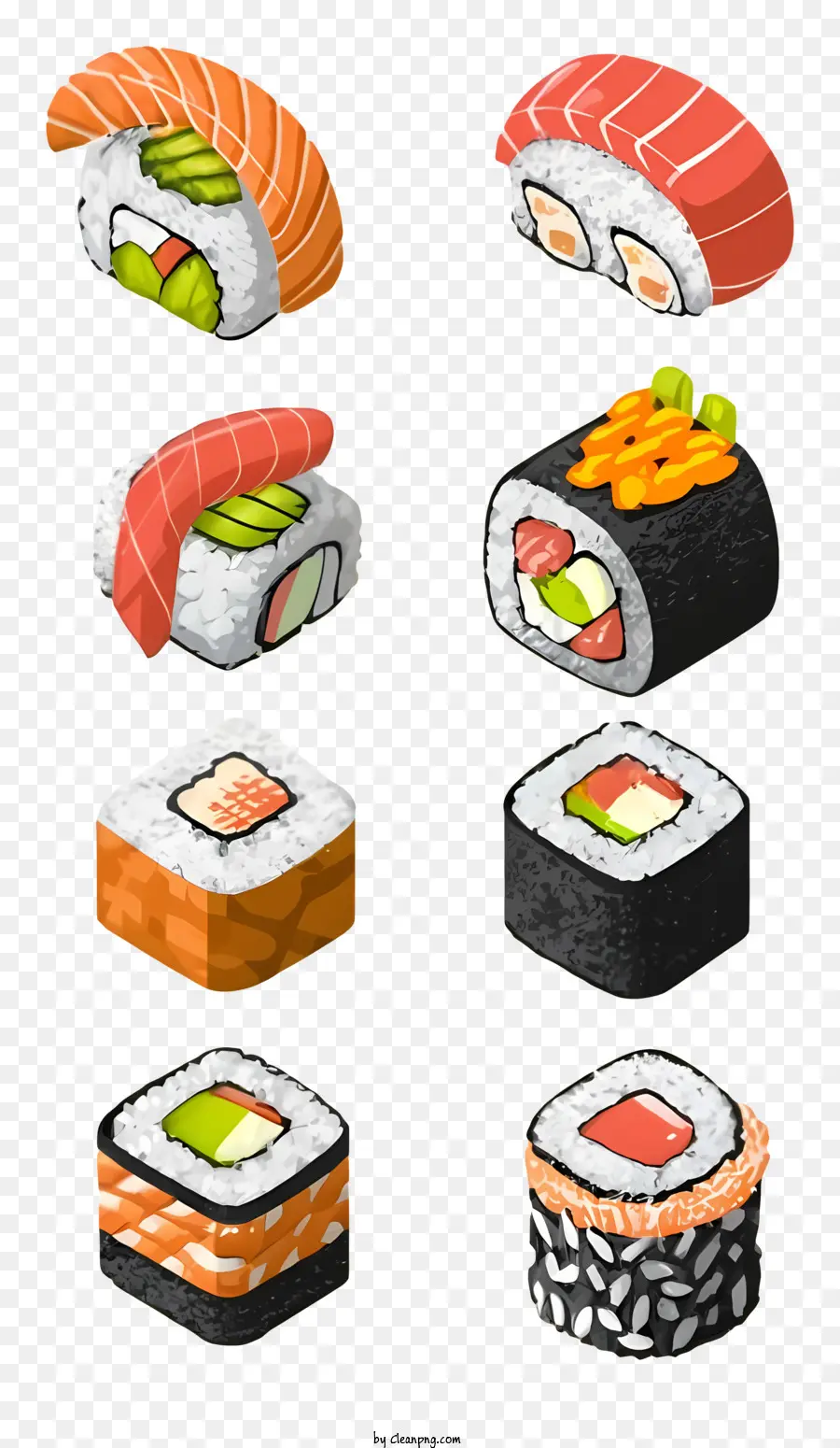 Sushi - Verschiedene Sushi -Rollen auf schwarzer Teller und Ingwer