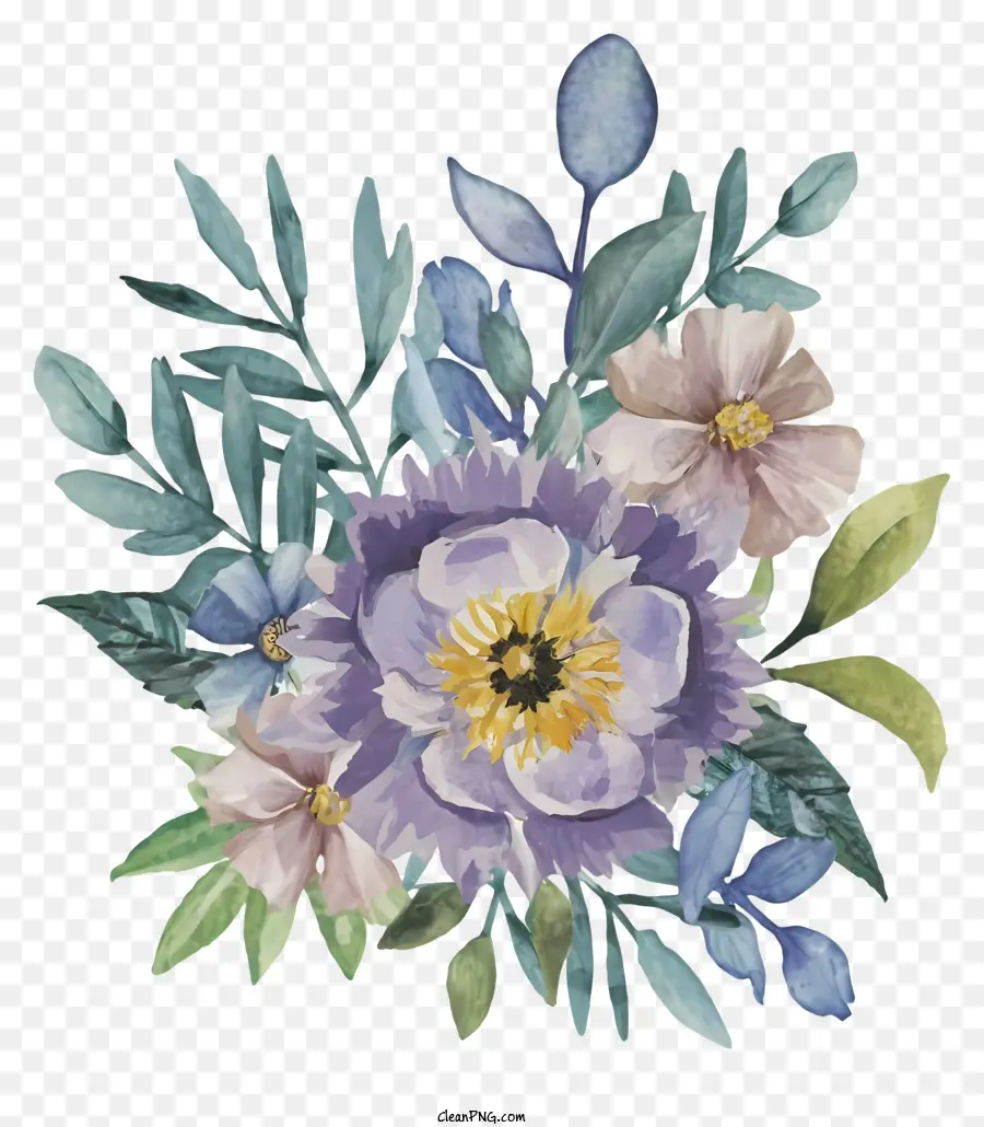 watercolor painting bouquet blue and purple flowers green leaves dark background
