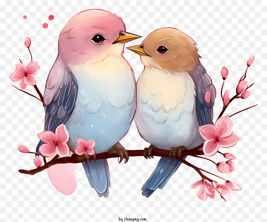 Blaue Blume - Zwei Vögel lächeln auf rosa, blühendem Zweig