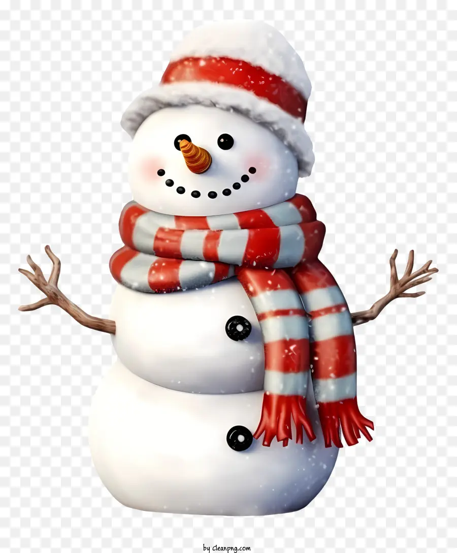 Schneemann - Lächelnder Schneemann mit fliegenden Schneeflocken auf schwarzem Hintergrund