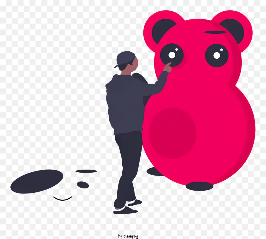 Pink Bear Cartoon Illustration Kinderbuch spielerischer Touch Round Body - Mann malt rosa Bärenstatue im Cartoon -Stil