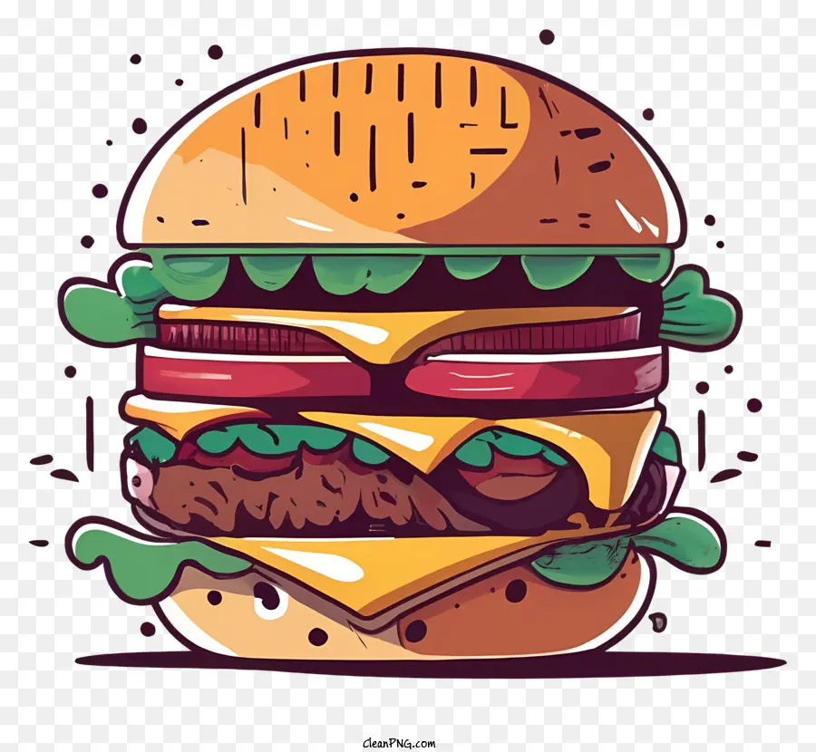 Hamburger - Hamburger in bianco e nero in stile cartone animato con formaggio e cipolle su un panino marrone dorato