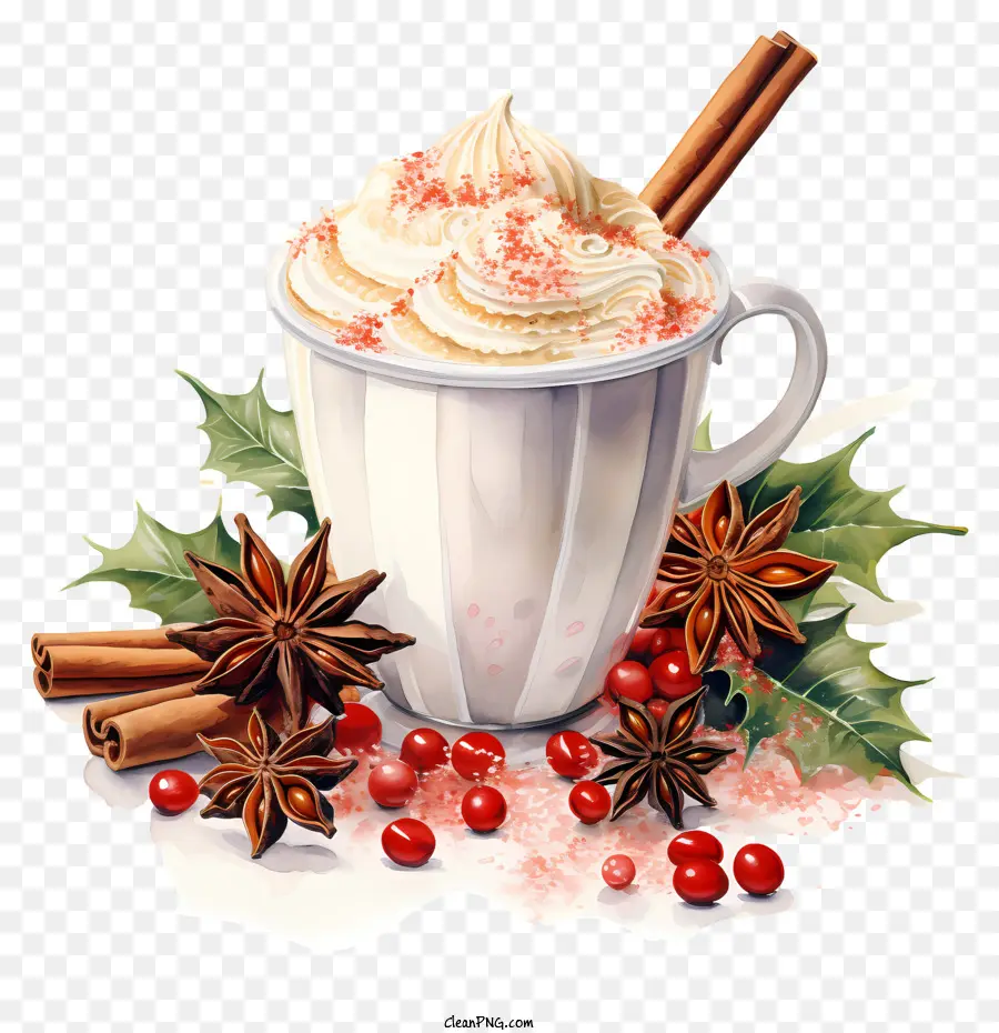 hot chocolate whipped cream cinnamon sticks star anise cup