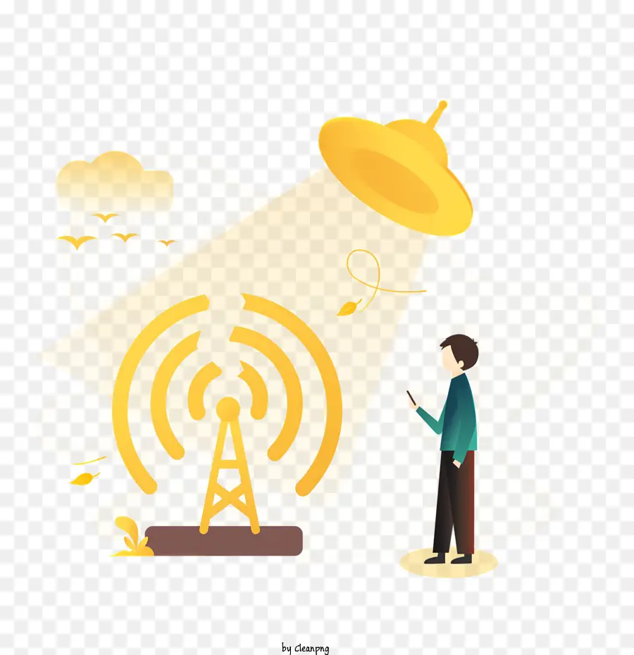 Satellitenkommunikation Handyempfang Satellite Dish Technology Telecommunications Tower Mobilfunknetzabdeckung - Der Mann schaut auf den Turm Satellitenschale