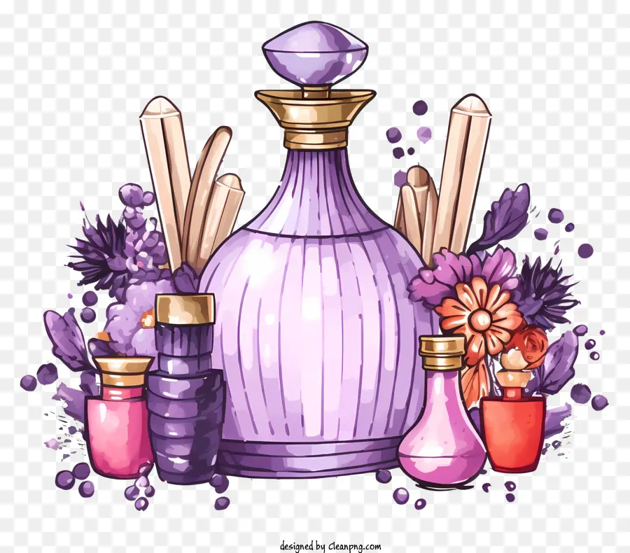 Parfümflasche Parfüm Düfte Parfümzubehör lila und rosa Farben Weiße Akzente - Lebendige, kräftige Aquarell -Illustration der Parfümflasche