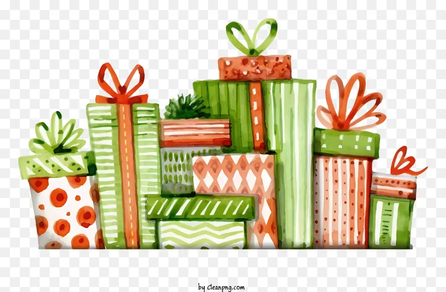Weihnachtsgeschenke - Stapel roter und grünes Geschenke mit Lametta