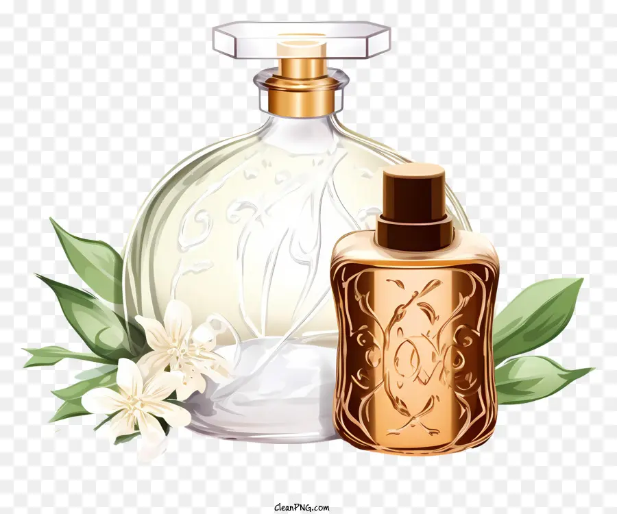 disegno floreale - Due bottiglie di profumo con disegni floreali e fiori bianchi