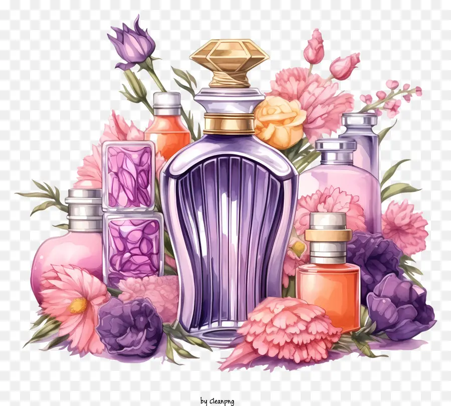 hoa hồng - Hình minh họa hoa màu nước của chai nước hoa với bó hoa