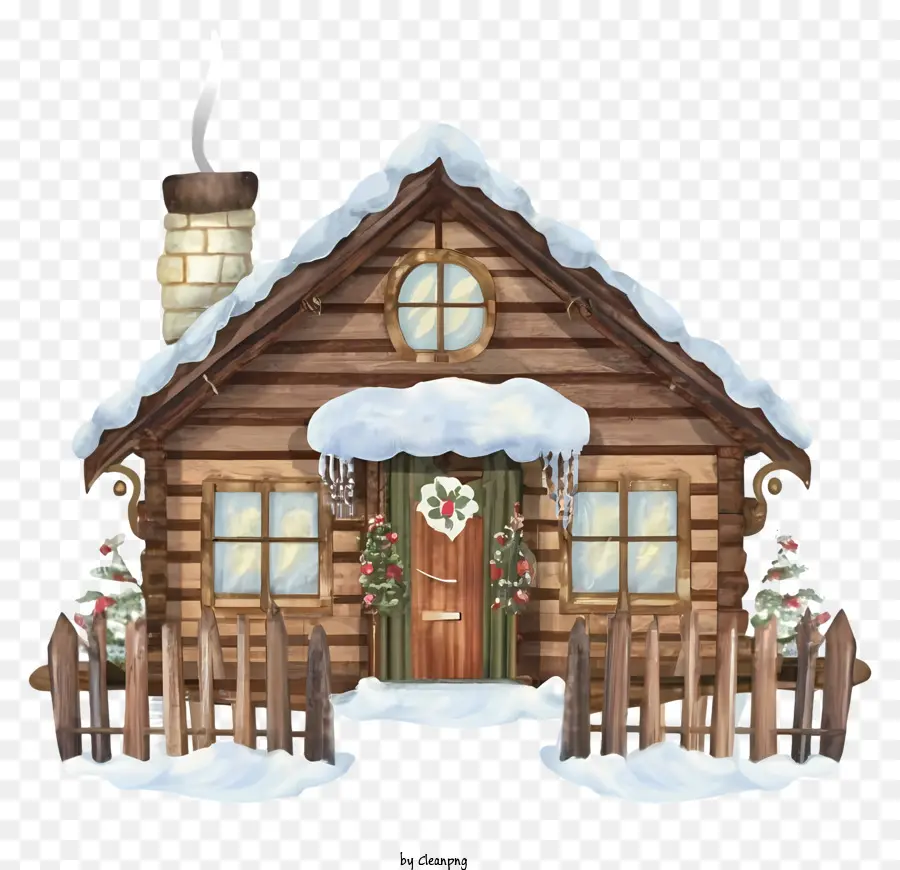small wooden house gabled roof snow-covered ground white wooden fence red wooden door