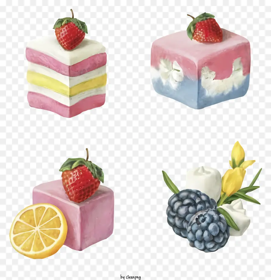 vanilla cake strawberry slices whipped cream blueberries slice of cake