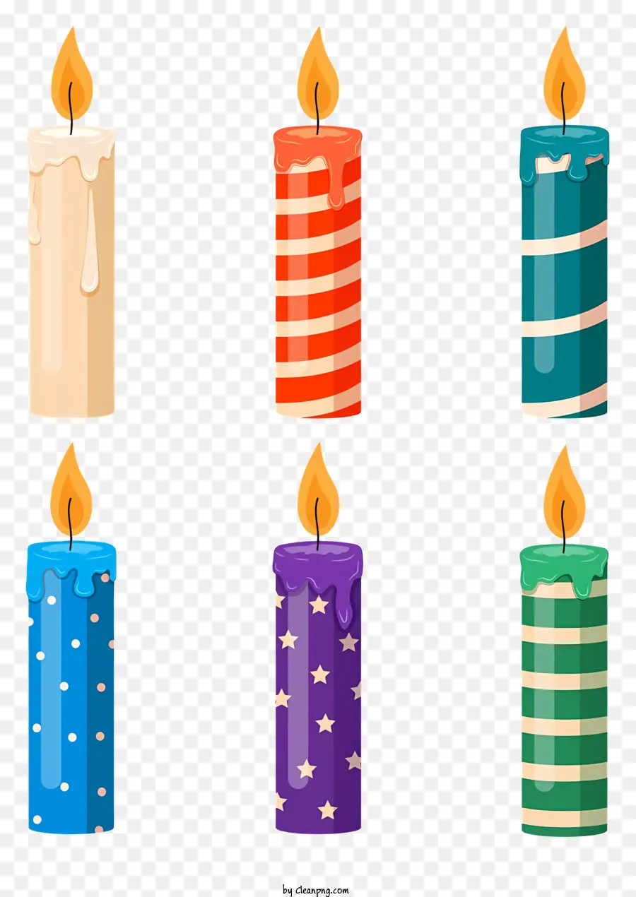 Decorazioni a candele colorate di candele motivi vorticosi - Candele colorate disposte su sfondo nero, illuminate