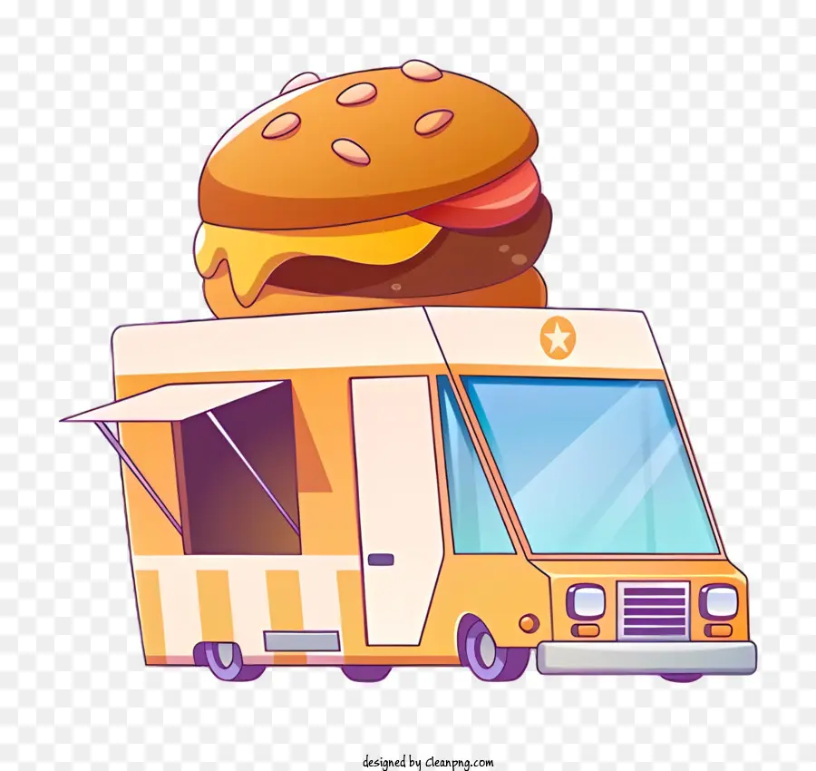 Food Truck Cartoon Bild gelbe rote Dach stoßt - Cartoon Food Truck mit Hamburger oben