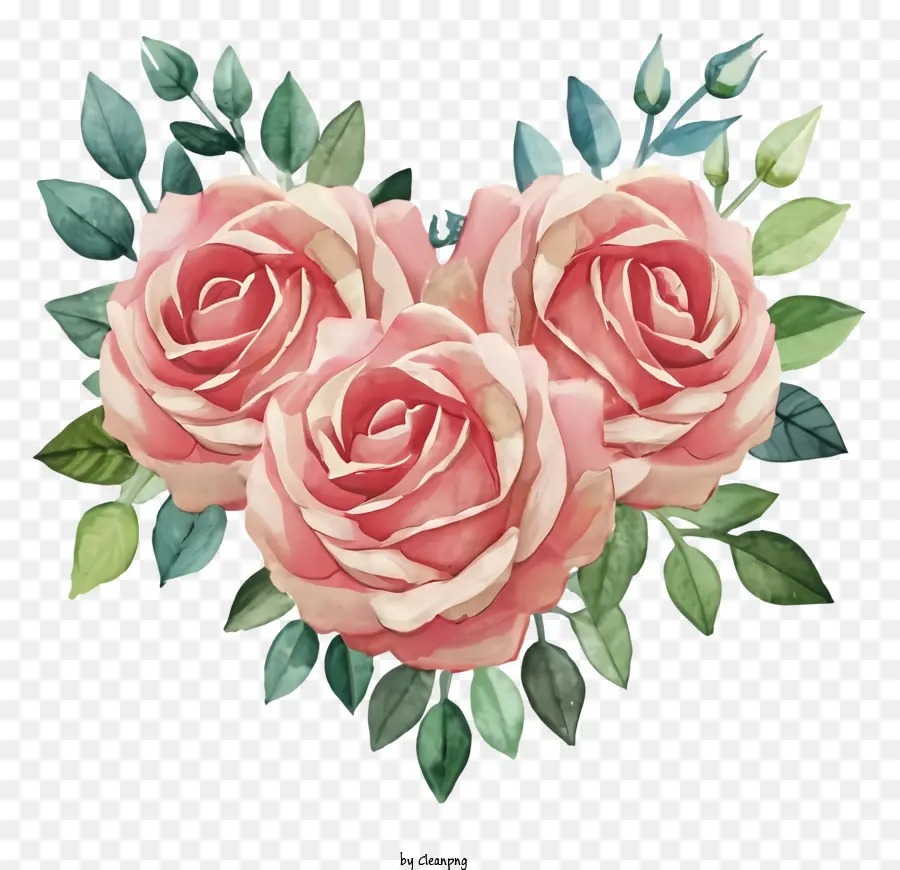 rosa Rosen - Drei rosa Rosen in Herzform, umgeben von grünen Blättern, symmetrischer Anordnung, dunkler Hintergrund, ruhige Szene
