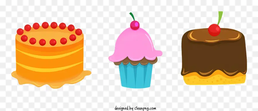 Schokolade - Cartoonbild von drei farbenfrohen Kuchen mit Belägen