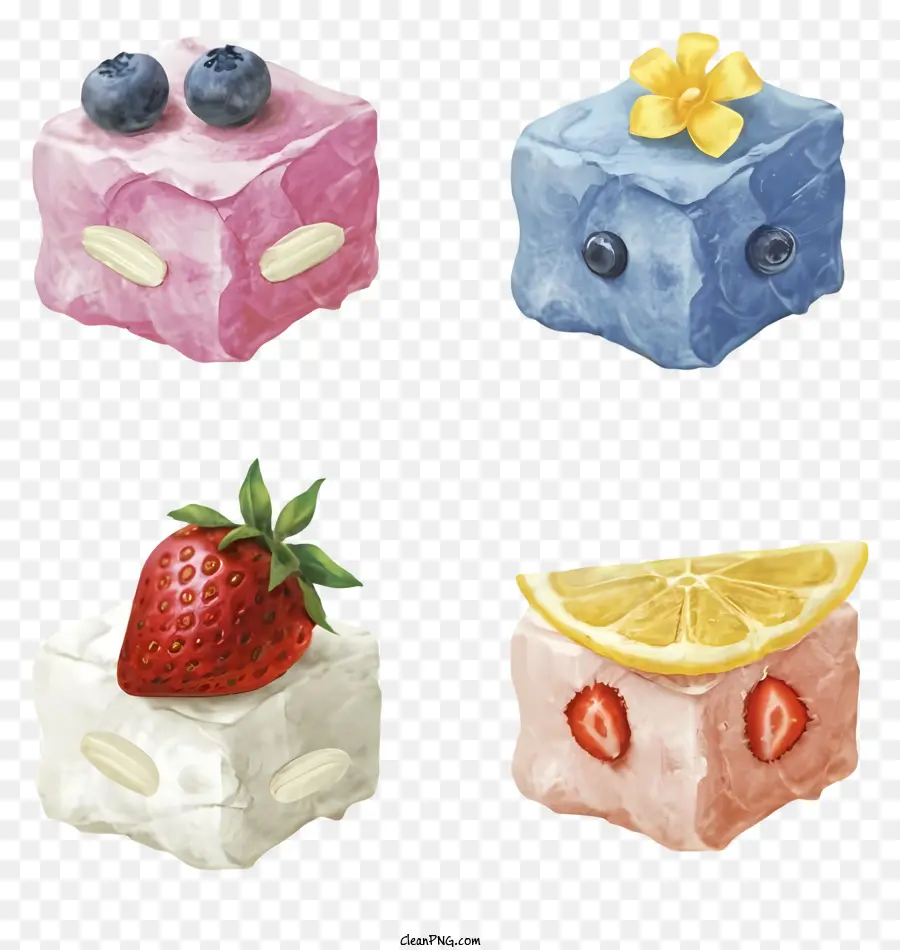 Cubi di ghiaccio trasparenti disegni cubo rosa con fiori blu cubetti bianchi con flui di limone decorazioni cubi di ghiaccio - Tre cubetti di ghiaccio trasparenti con design diversi