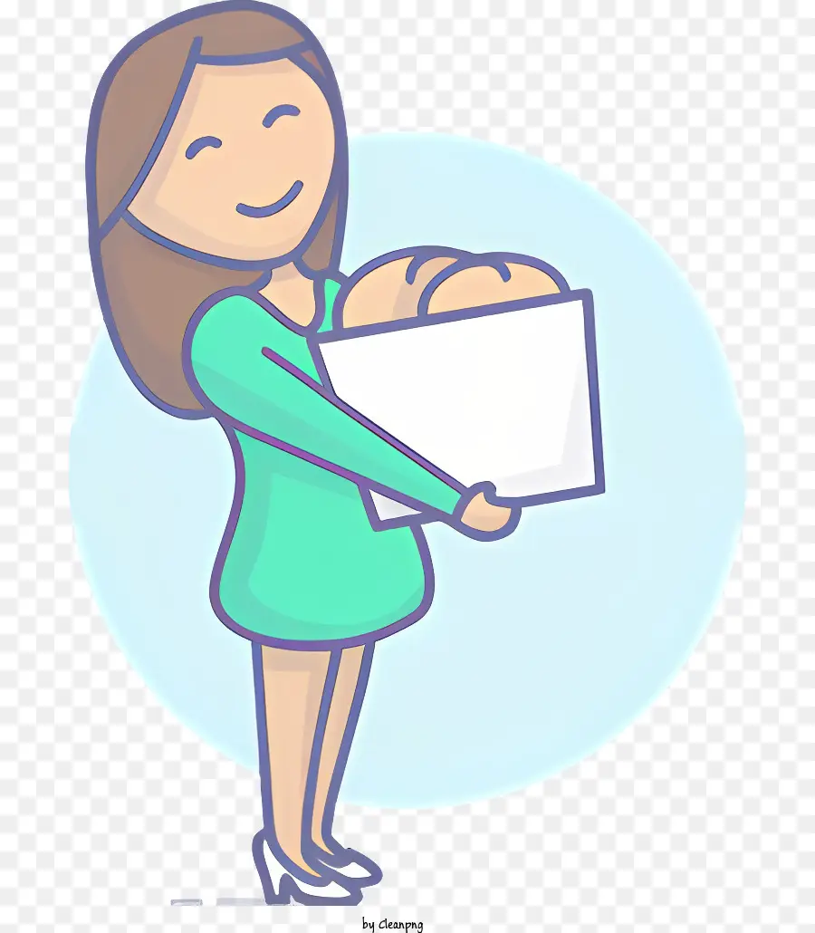 Frau mit einer Schachtel Backgüterrestaurant oder CAF Green Kleid weiße Schürze - Frau, die Schachtel Backwaren im Restaurant transportiert