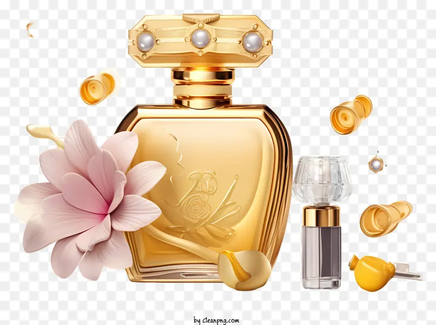 gelbe Blume - Luxuriöses und raffiniertes Bild der Goldparfümflasche
