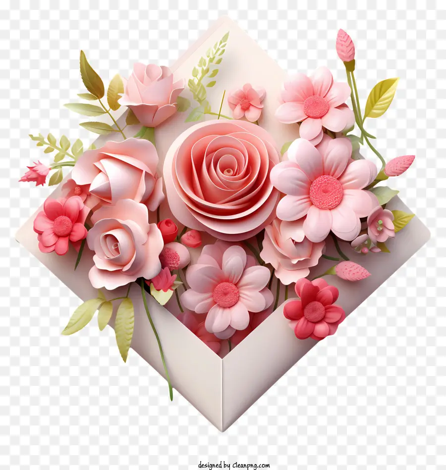 busta bianca fiori rosa sfondo nero busta aperta a fiore circolare - Vista ravvicinata della busta aperta con fiore rosa