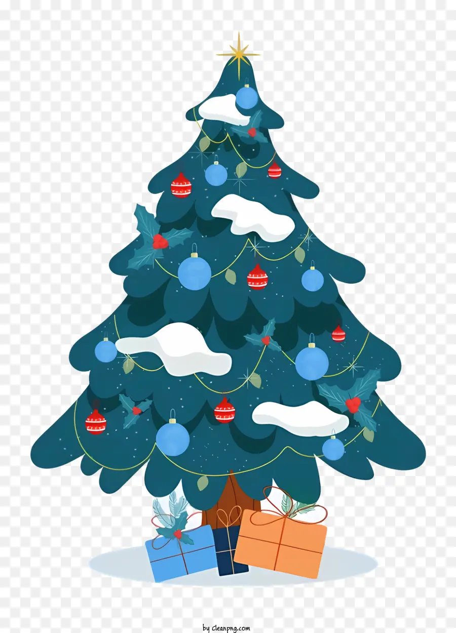 regali di natale - L'albero di Natale nevoso circondato da regali e decorazioni