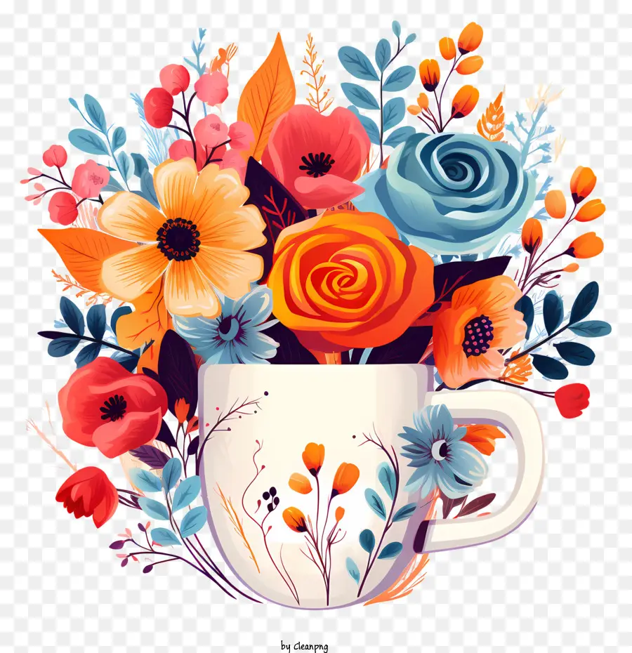 bouquet brightly colored flowers white mug red and orange roses purple and pink carnations