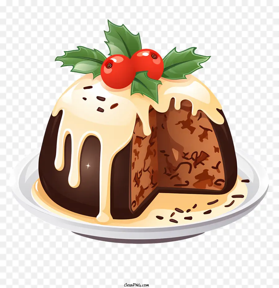 Weihnachtspudding - Schokoladenpudding mit Sauce und Stechpalme auf Teller
