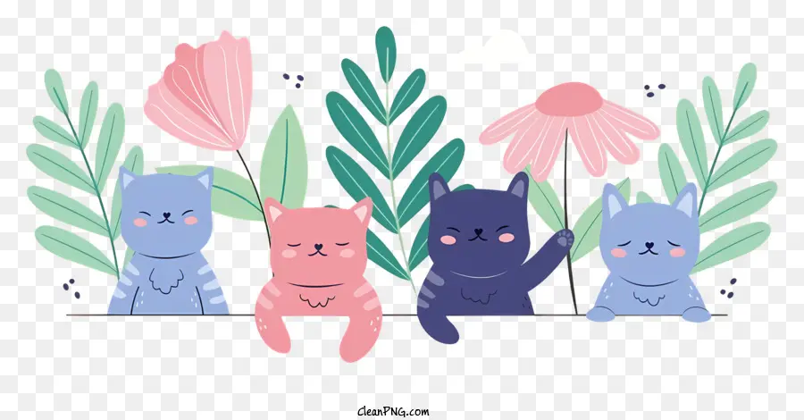 Katzen gruppieren Blumen hinterlässt verschiedene Farben - Buntes, fröhliches Bild von Katzen, die zusammen sitzen