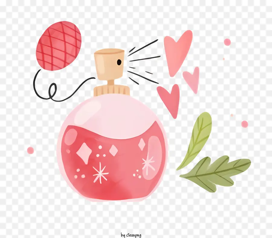 grünes Blatt - Rote Glasflasche mit rosa Flüssigkeit, Herzen, Blatt