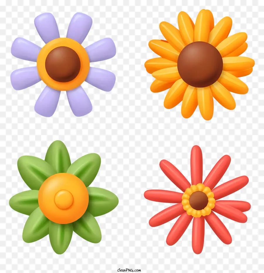 PETALI EMOJIS FLOWER ROTTO CENTRO ROUND STELI LUNGO CENTRO COMPLETTO - Tre emoji di fiori con colori diversi