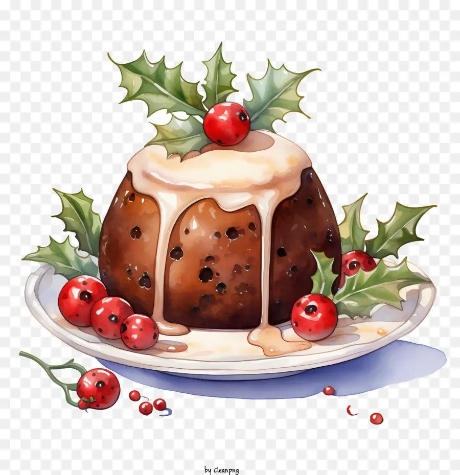 Weihnachtspudding - Weihnachtspudding mit Holly, Kirschen und Creme