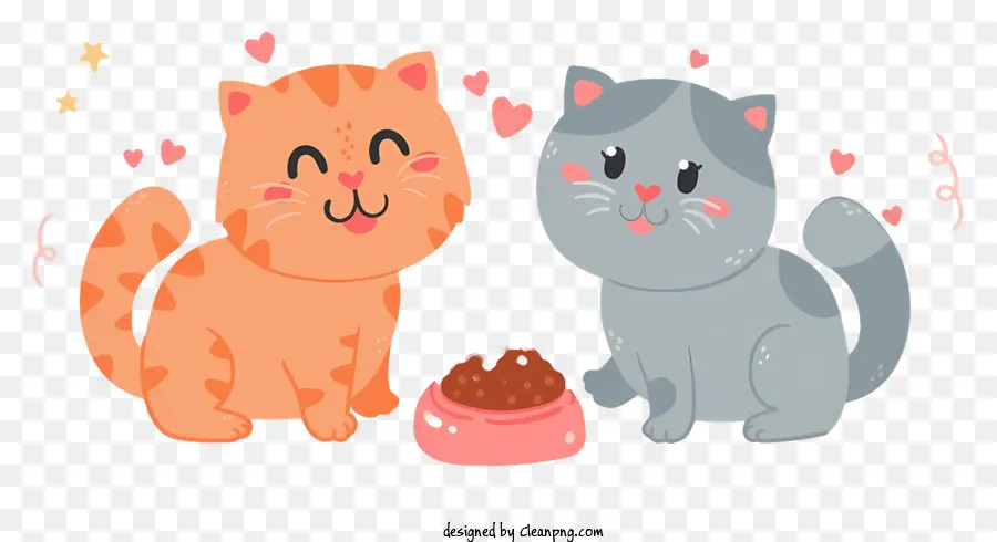 Cartoon Cats Food Bowl Katze isst schwarze Hintergrundherzen Herzen - Cartoon -Katzen essen, Herzen schwebend, detailliertes Rendering