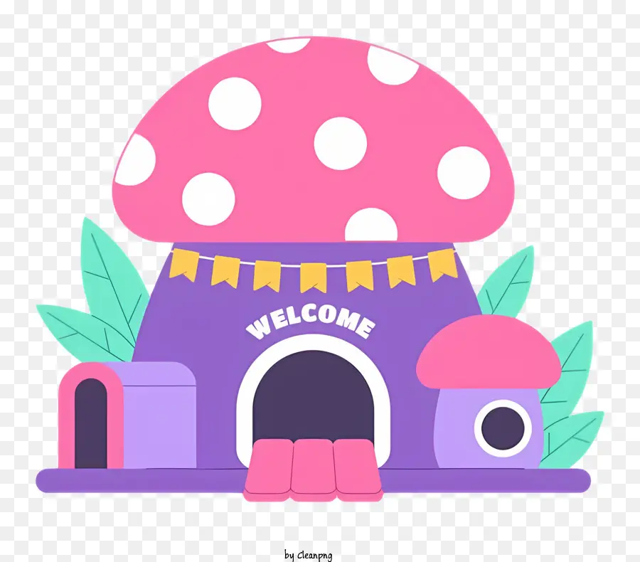 Casa di funghi cartoni animati Casa di funghi rosa Benvenuto Banner Mushroom House Green Lawnom House Round Door Fungo - Casa di funghi cartoni animati con design giocoso e stravagante