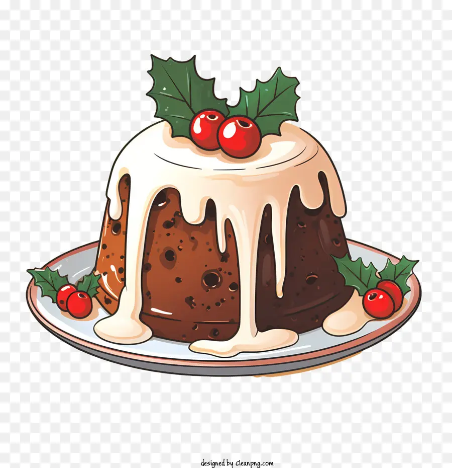Bánh bánh pudding sô cô la holly để lại quả mọng màu đỏ phủ kem phủ sương - Bánh bánh pudding sô cô la kỳ nghỉ với lá holly, quả mọng, phủ kem và một cây cung lễ hội trên một đĩa trang trí