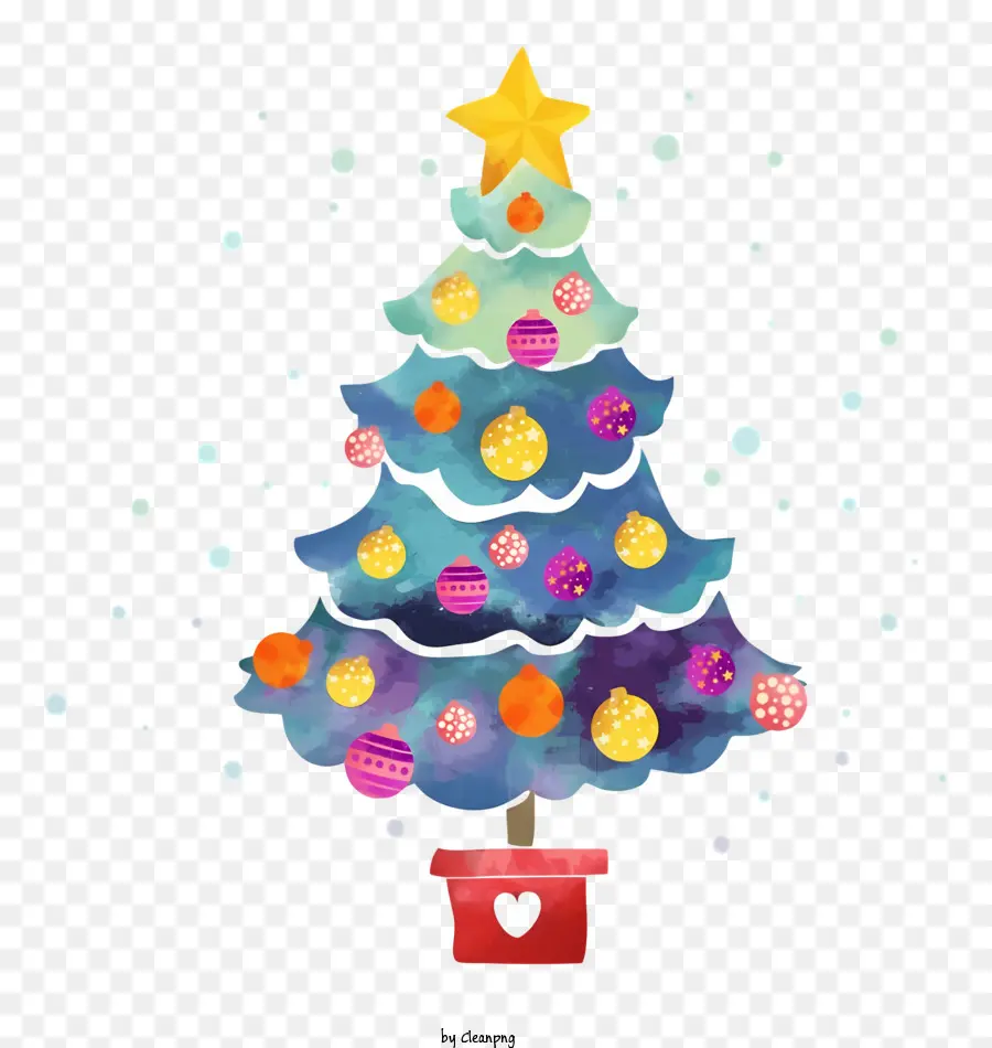 illustrazione ad acquerello colorato albero di Natale palline colorate decorazioni di base rossa - Albero di Natale colorato con varie decorazioni, stelle, fiocchi di neve