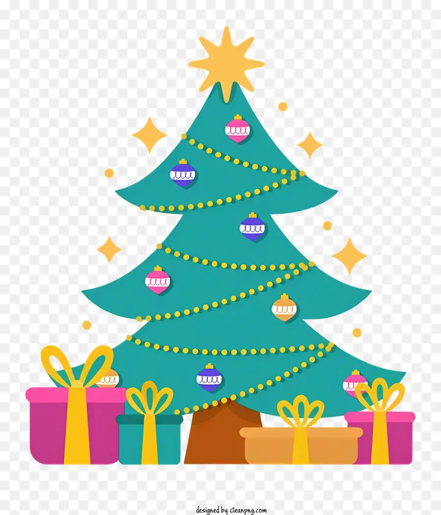 Weihnachtsbaum - Weihnachtsbaum mit Geschenken, goldene Dekorationen, gelber Rahmen